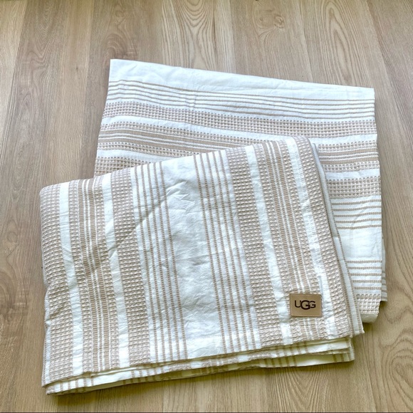 UGG Bath Ugg Beige Tan Cream Striped Shower Curtain Set Lot 2pc